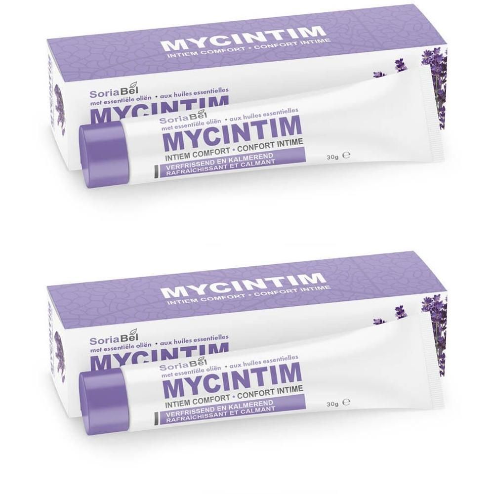 Twee tubes en dozen met de tekst MYCINTIM. De tubes zijn wit met paarse doppen. De dozen zijn paars.