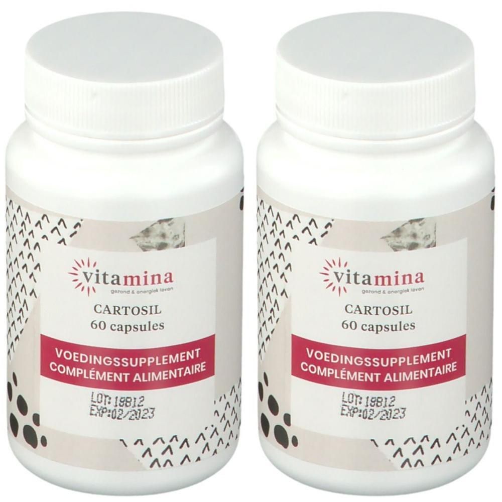 Deux flacons blancs avec étiquettes. Inscription : Vitamina Cartosil, 60 capsules. Complément alimentaire. Numéro de lot et date d'expiration.