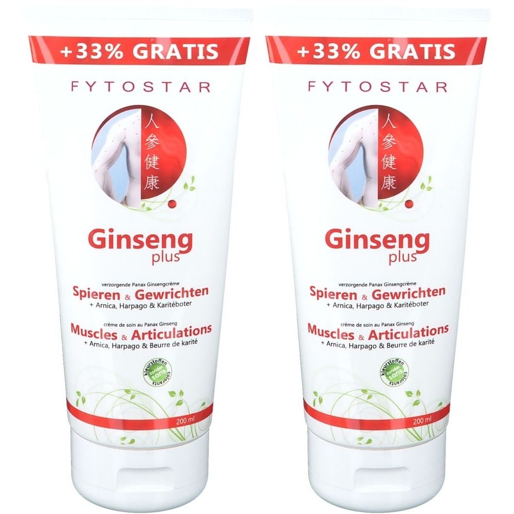 Deux tubes de Fytostar Ginseng Plus. Inscription : +33% GRATIS, Ginseng plus, Spieren & Gewrichten, Muscles & Articulations. Design rouge et vert.