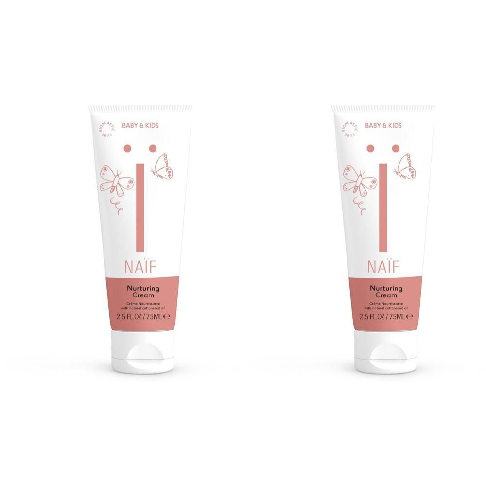 Twee tubes babycrème. Wit, met roze accenten en prints. Opschrift: NAÏF, Nurturing Cream.