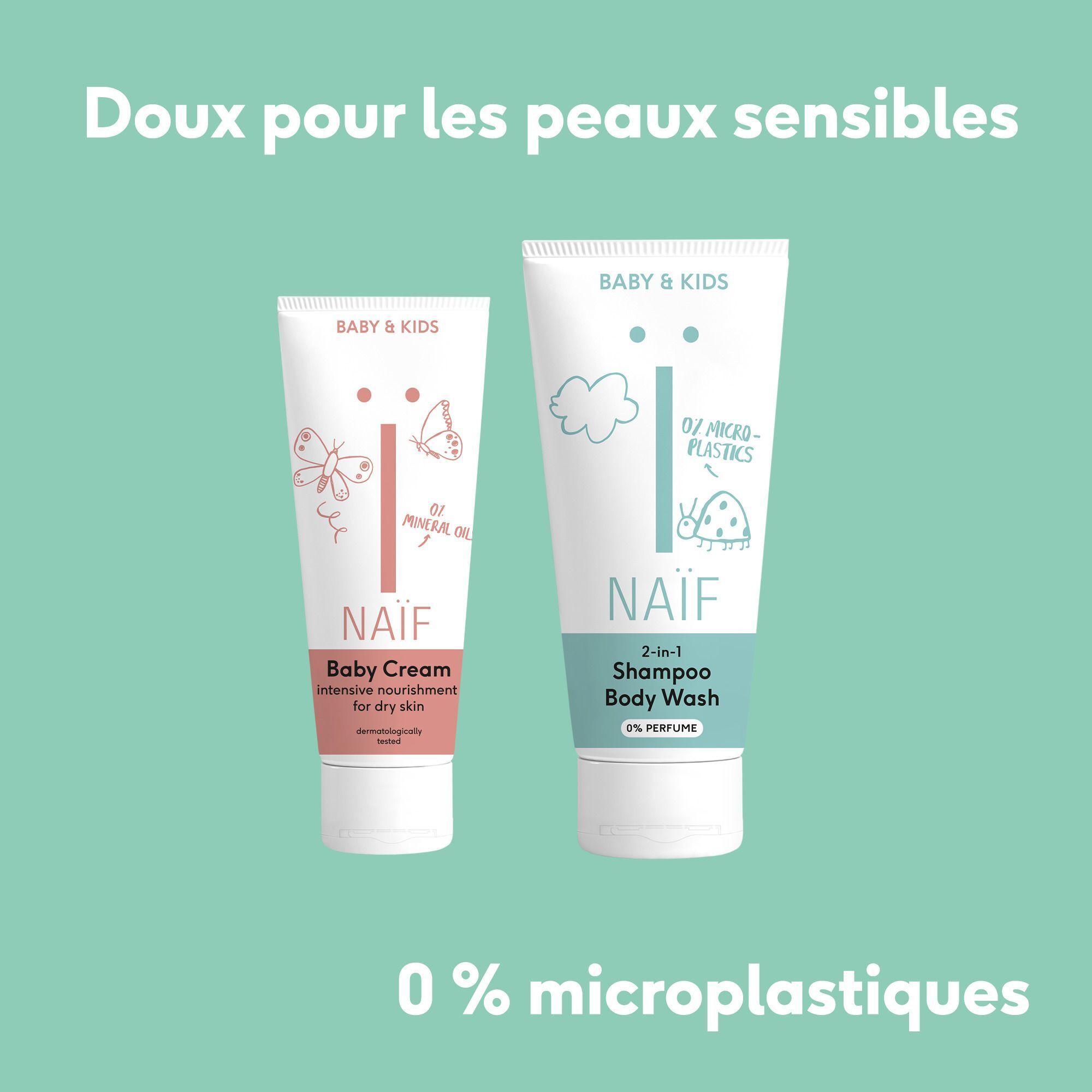 Tube de crème pour bébé Naïf avec motif papillon. Pour peaux sèches.