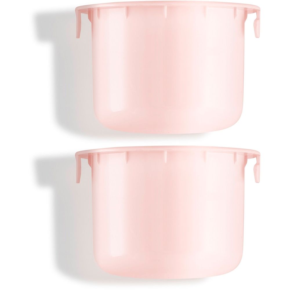 Twee roze containers, cilindrisch, met handvatten. De boven- en onderkant zijn licht afgerond.