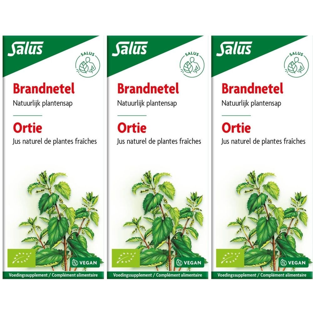 Trois boîtes de Salus Jus Ortie. Inscription : Brandnetel, Ortie, Jus naturel de plantes fraîches. Avec label bio et logo vegan.