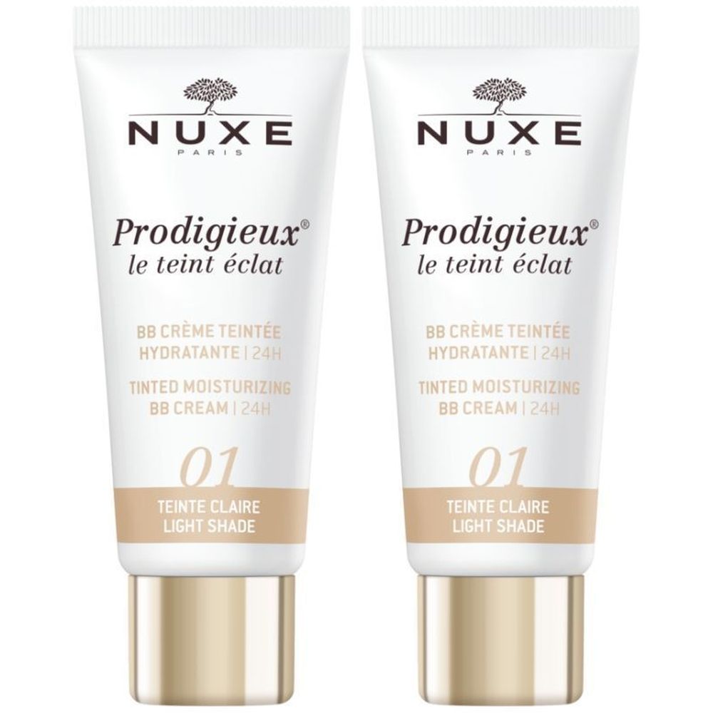 Deux tubes de BB Crème. Inscription: Nuxe, Prodigieux, BB Crème Teintée Hydratante 24h, 01 Teinte Claire. Teinte claire.