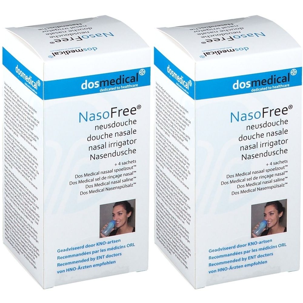 Twee dozen NasoFree neusdouche. Witblauwe verpakking met productnaam en logo. Bevat 4 zoutzakjes.