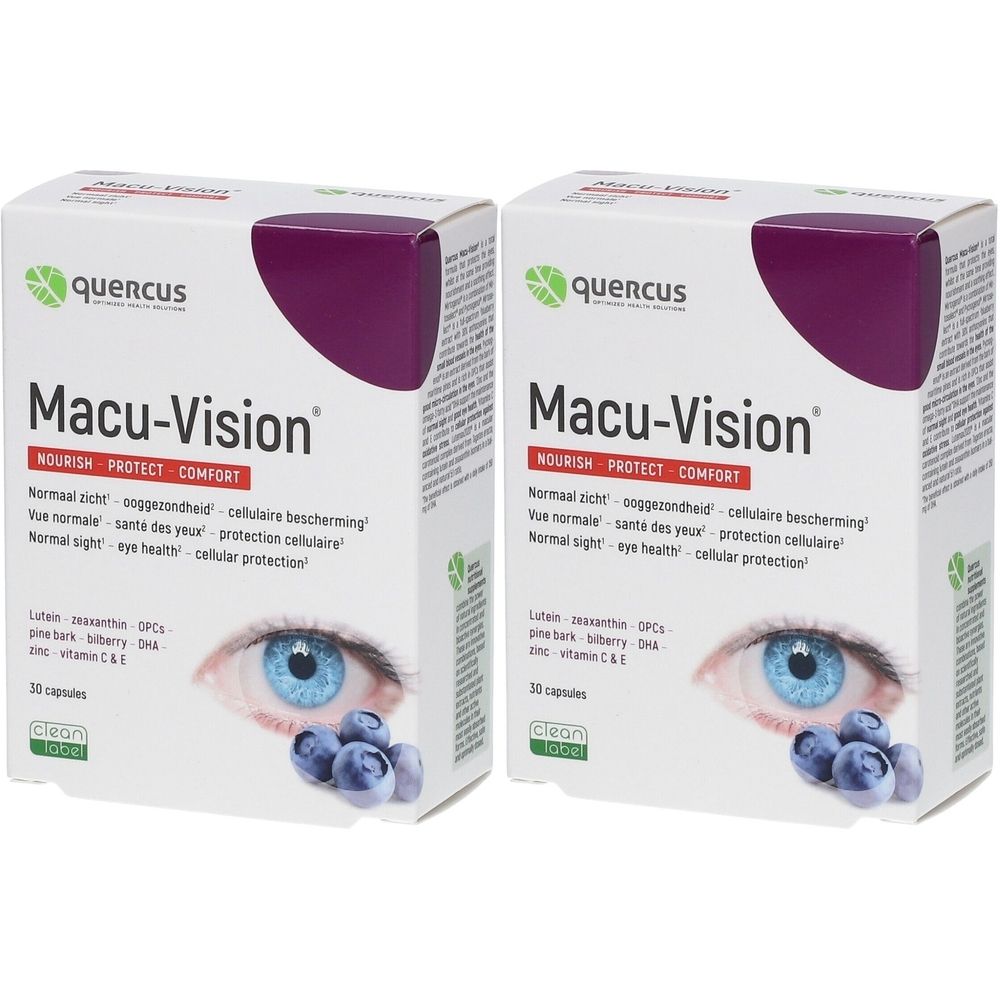 Twee witte dozen met "Macu-Vision" erop. Paars accent bovenaan. Afgebeeld is een oog en bosbessen.