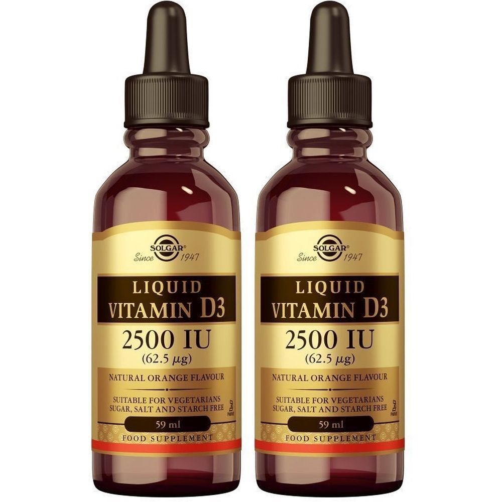 Deux flacons de Solgar Vitamine D3 liquide. Inscription : Liquid Vitamin D3, 2500 UI, 59 ml. Convient aux végétariens.
