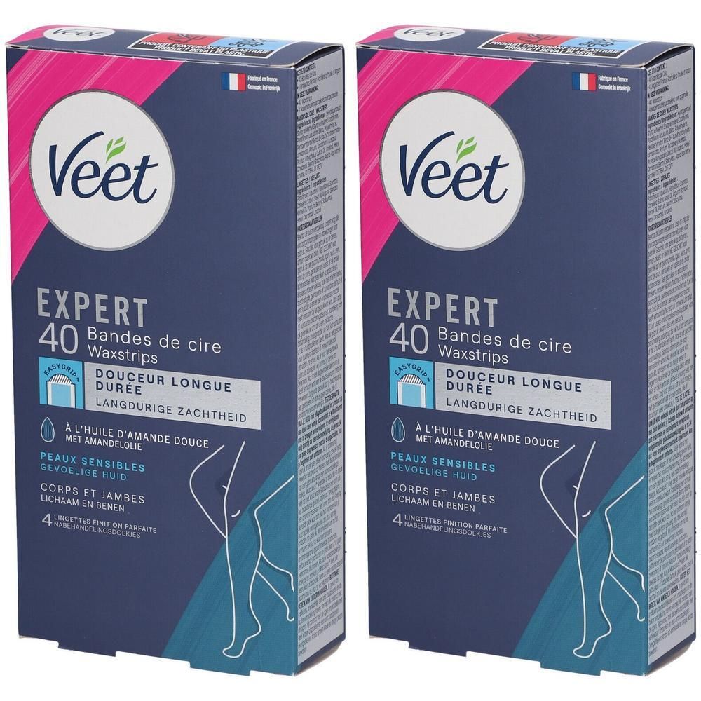 Twee verpakkingen Veet Expert waxstrips voor gevoelige huid. Blauwe en roze verpakking met productinfo.