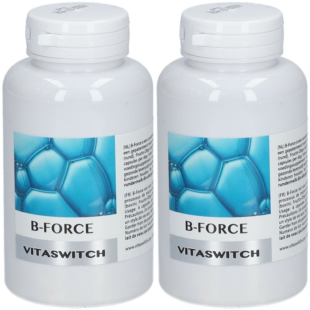 Twee witte flessen met schroefdoppen. Labels met blauw patroon en tekst: B-FORCE, VITASWITCH. Opschriften in het Nederlands en Frans.