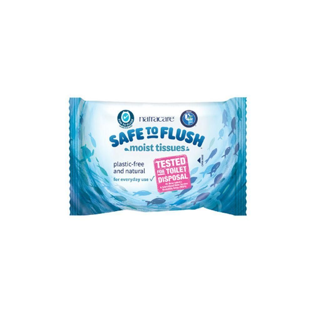 Verpakking vochtige doekjes. Opschrift: SAFE TO FLUSH, plasticvrij en natuurlijk. Getest voor toilet. Merk: natracare.