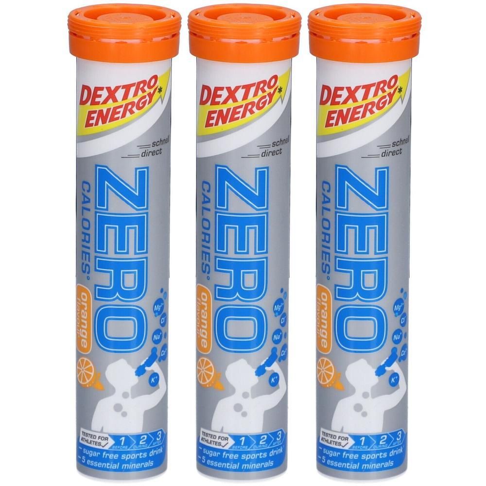 Trois tubes cylindriques avec couvercles orange. Inscription: Dextro Energy Zero Calories Orange. Illustration d'une personne faisant du sport.