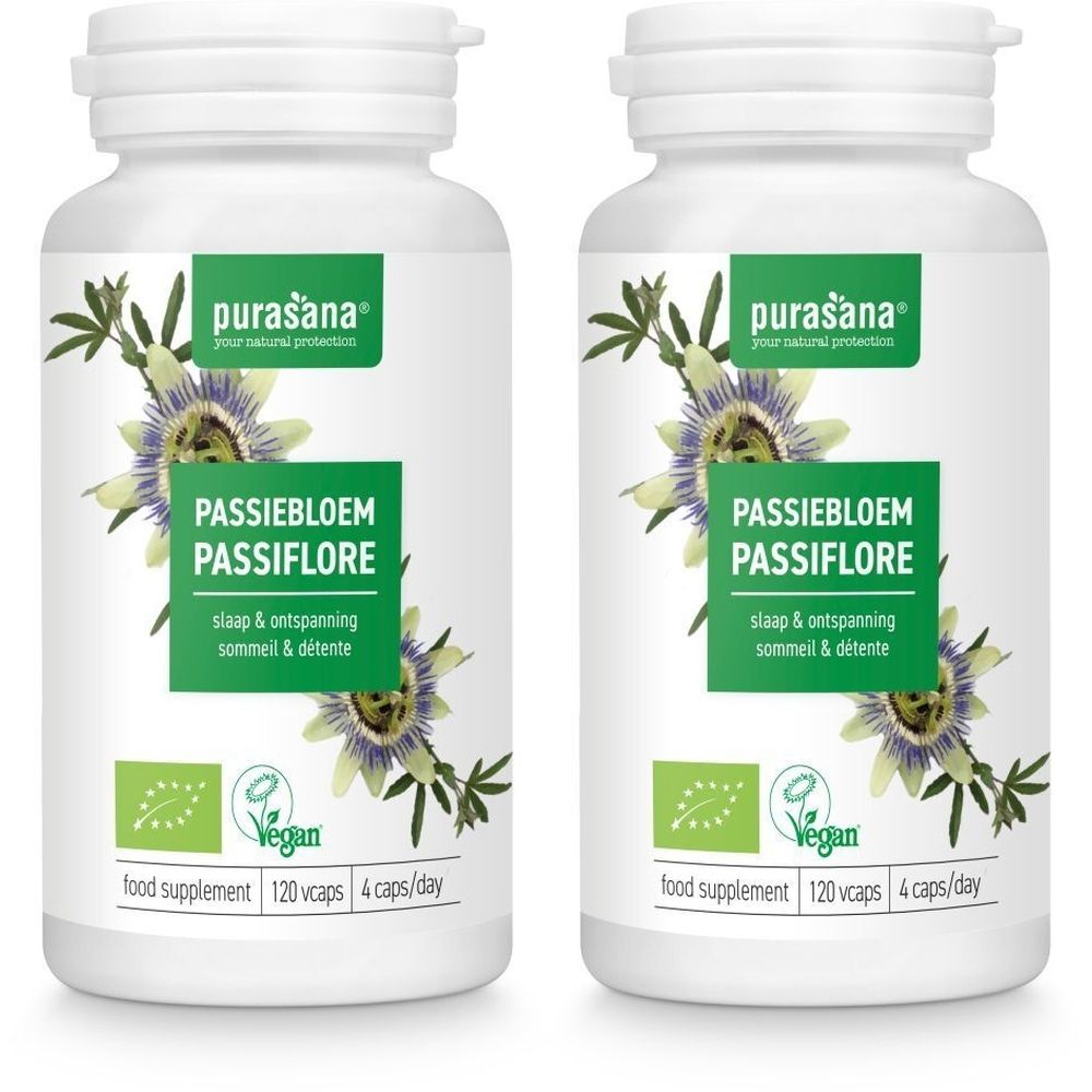 Twee witte flessen met etiketten. Opschrift: PURASANA Passiebloem Passiflore. Vegan-keurmerk. 120 Vcaps, 4 caps/dag.