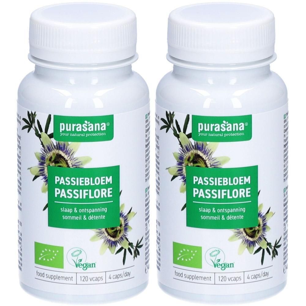 Twee witte flessen met etiketten. Opschrift: PURASANA Passiebloem Passiflore. Vegan-keurmerk. 120 Vcaps, 4 caps/dag.