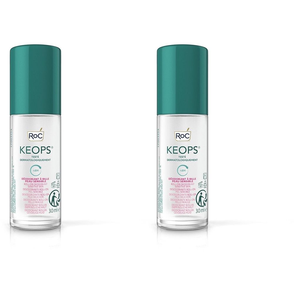 Twee deodorantrollers met groene doppen. Opschrift: RoC Keops. Tekst: Déodorant à Bille Peau Sensible. Dermatologisch getest.