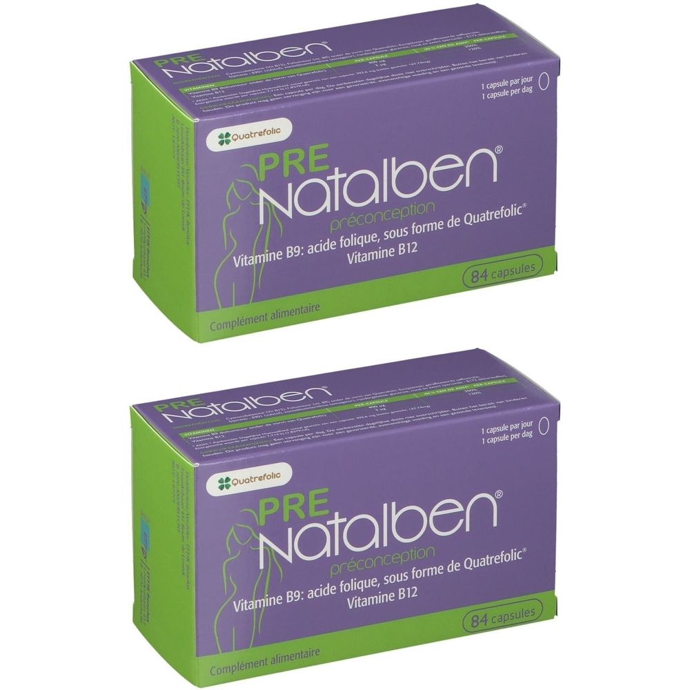 Twee dozen PRE Natalben. Paarse en groene verpakking. Opschrift: Vitamine B9, B12. Bevat 84 capsules.