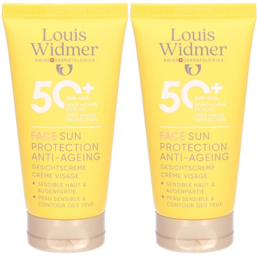 Deux tubes jaunes de protection solaire Louis Widmer. Inscription: Face Sun Protection Anti-Aging SPF 50+. Pour peau sensible.
