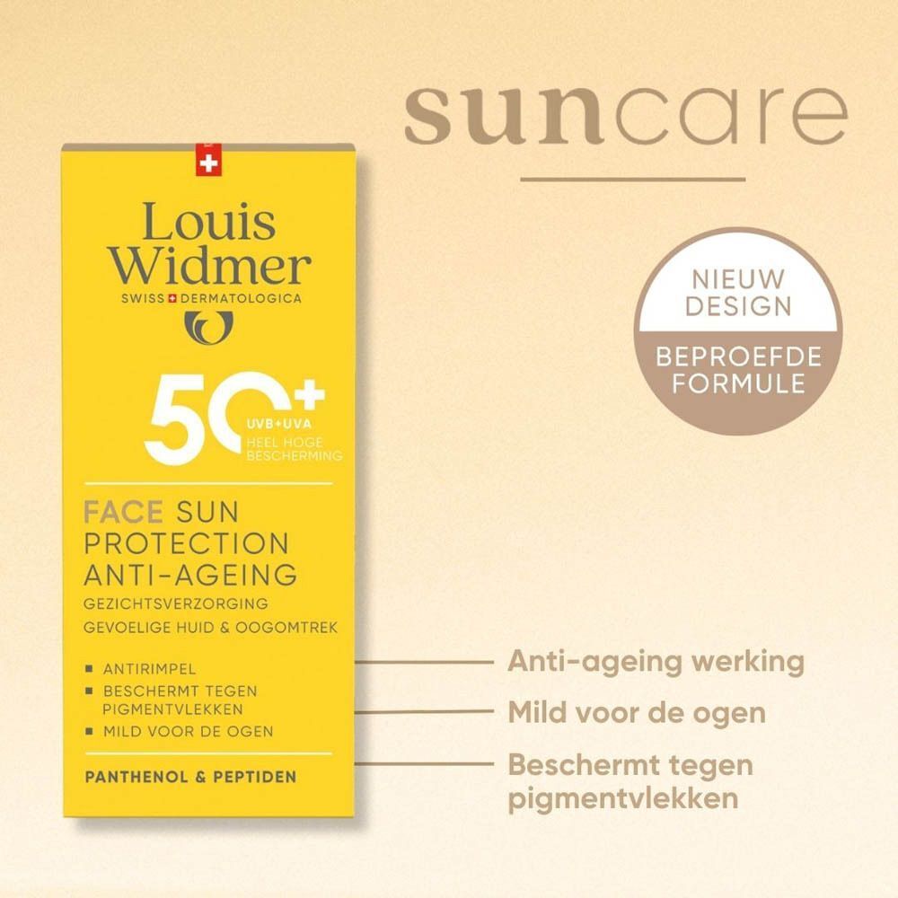 Verpakking Louis Widmer Gezichtszonnebrandcrème Anti-Aging SPF 50+ met productkenmerken.