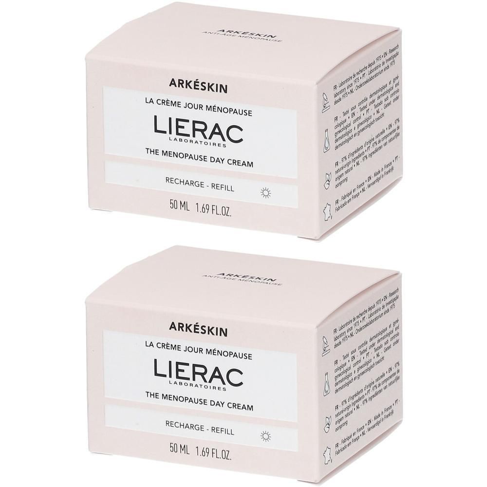 Twee roze dozen met tekst. Opschrift: Arkéskin La Crème Jour Ménopause, Lierac Laboratoires, 50 ml.