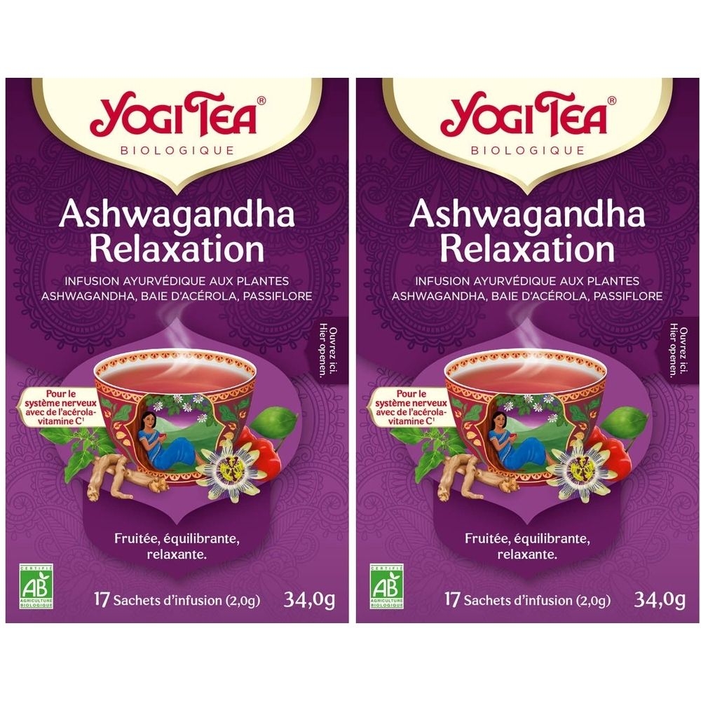 Paquet de YogiTea® Ashwagandha Relaxation. 17 sachets, 34,0g. Inscription du nom du produit, ingrédients et logo.