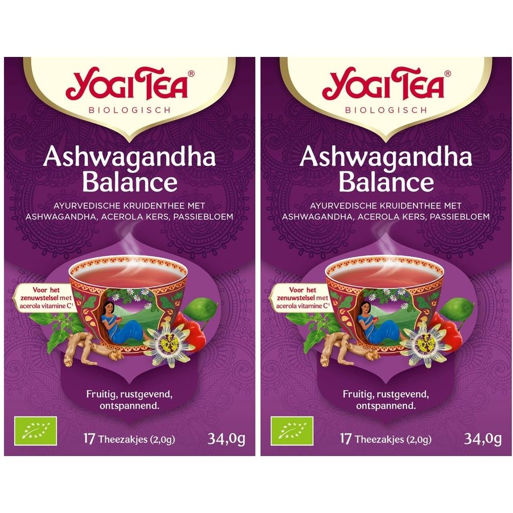 Verpakking van YogiTea® Ashwagandha Balance. 17 theezakjes, 34,0g. Bedrukking met productnaam, ingrediënten en logo.