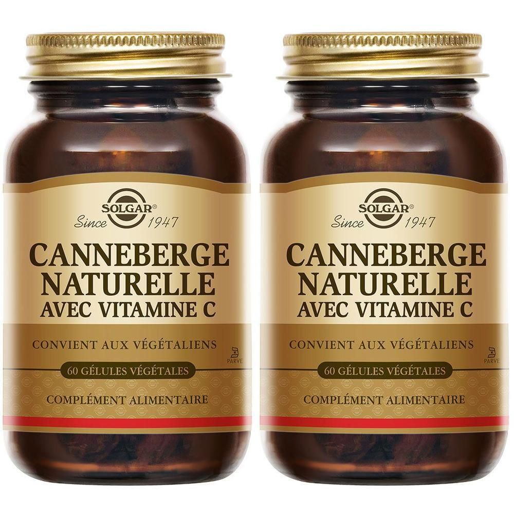 Twee bruine glazen flessen met gouden doppen en etiketten. Opschrift: CANNEBERGE NATURELLE AVEC VITAMINE C.