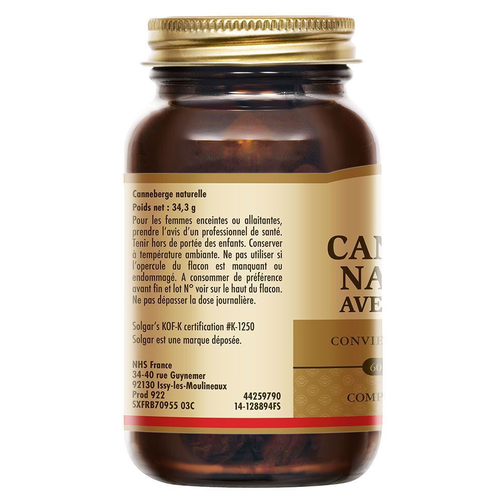 Bruine glazen fles met gouden dop en etiket. Tekst: CANNEBERGE NATURELLE AVEC VITAMINE C. Achterkant met tekst.