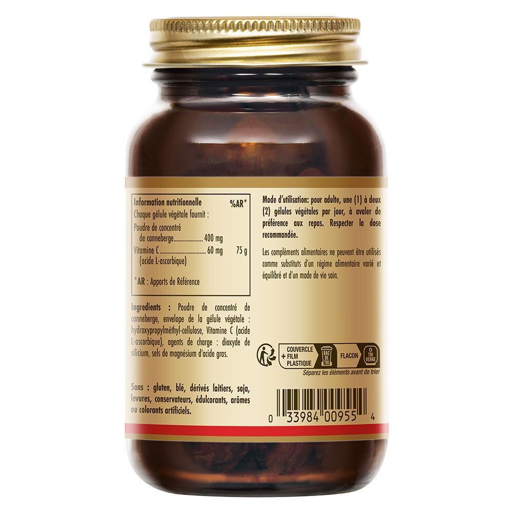 Achterkant van de bruine glazen fles met gouden dop. Tekst: voedingswaarde, ingrediënten, gebruiksaanwijzing.