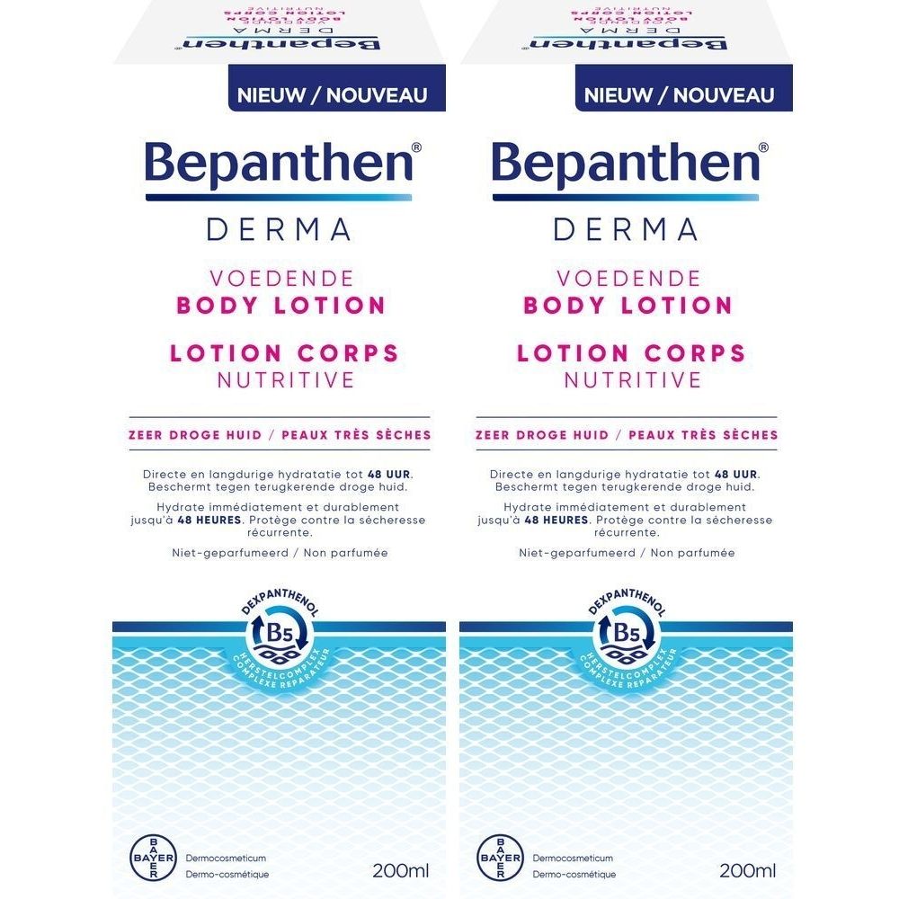 Deux emballages de Bepanthen Derma Lotion Corps Nutritive. Emballage blanc avec texte bleu et rose. 200ml.