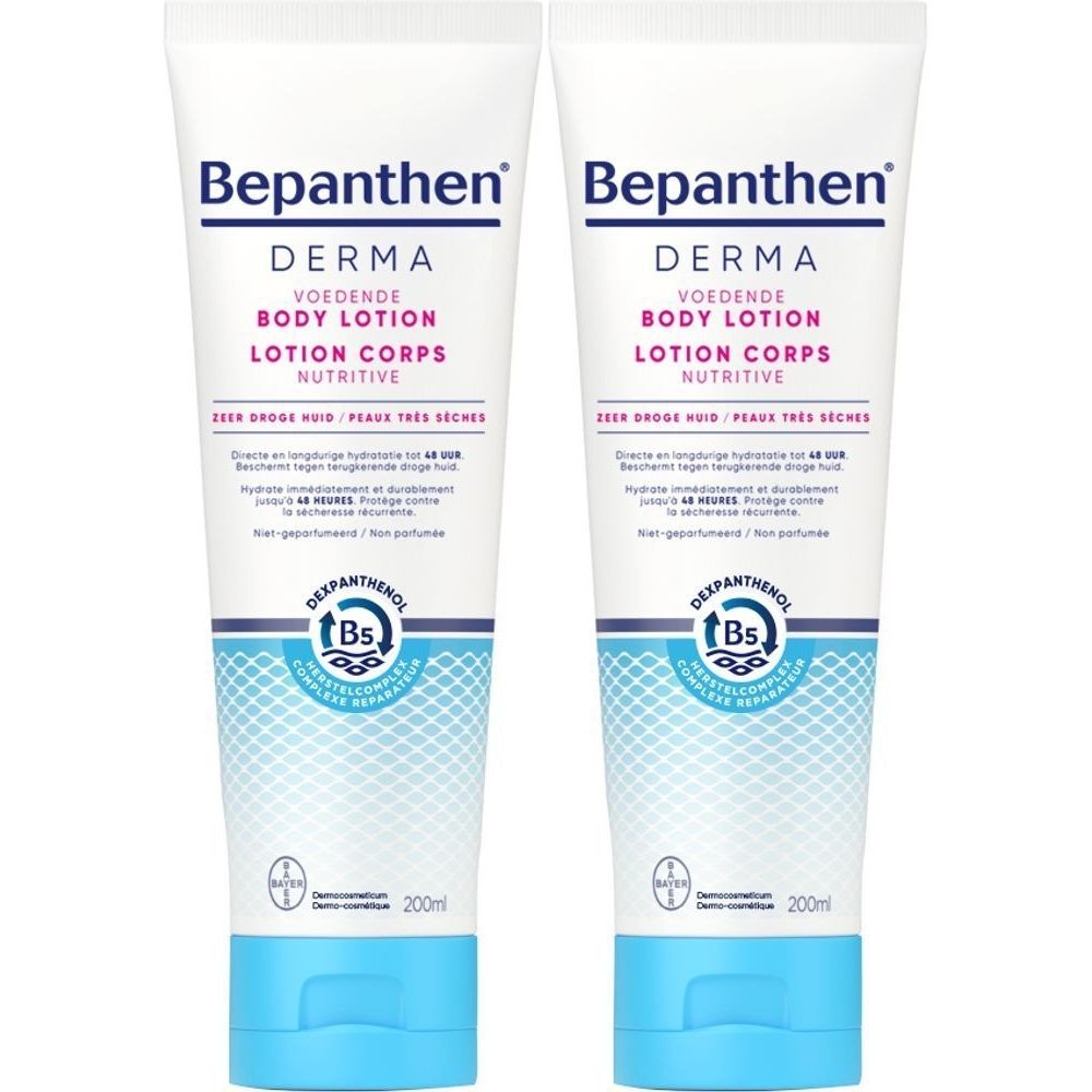 Twee tubes Bepanthen Derma Body Lotion. Witte tube met blauwe en roze tekst. Blauwe dop. 200ml.