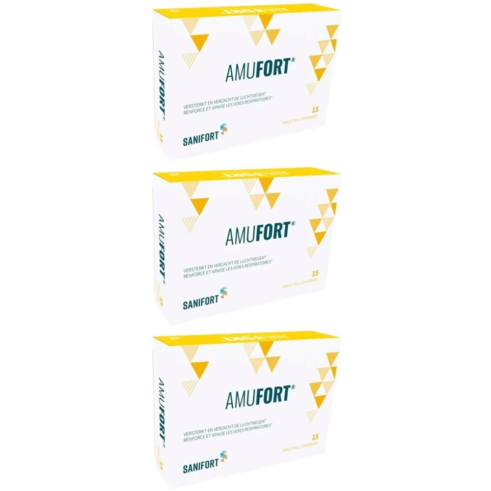 Drie dozen met AMUFORT. Witte verpakking met gele driehoeken en groene tekst. SANIFORT logo.