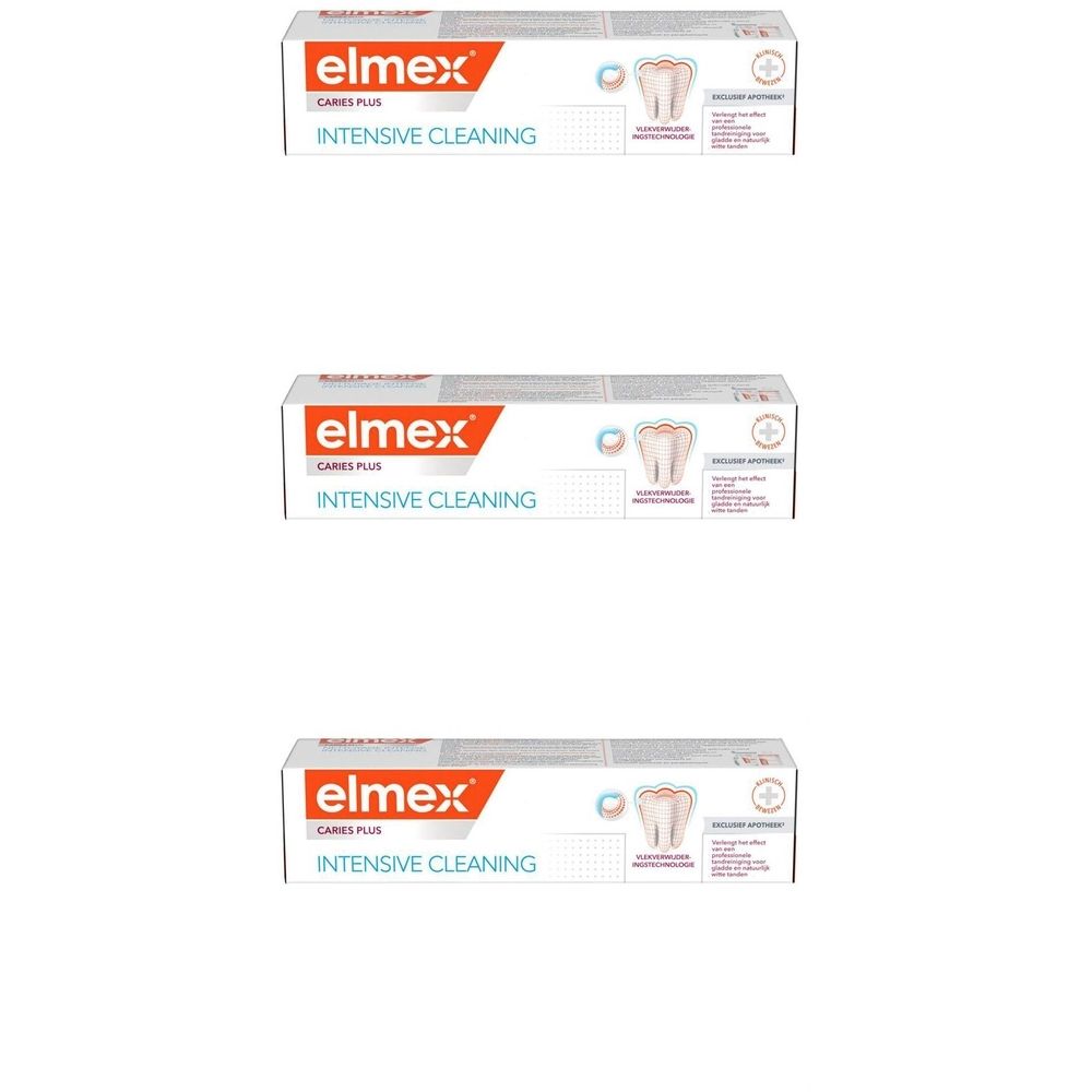 Trois boîtes de dentifrice. Chaque boîte porte la marque "elmex" et "Intensive Cleaning". Image d'une dent.