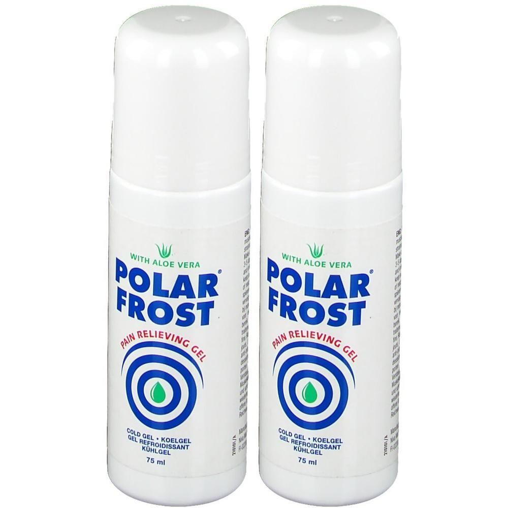 Twee witte roll-on flacons. Opschrift: POLAR FROST, pijnstillende gel. Met Aloë Vera. 75 ml.