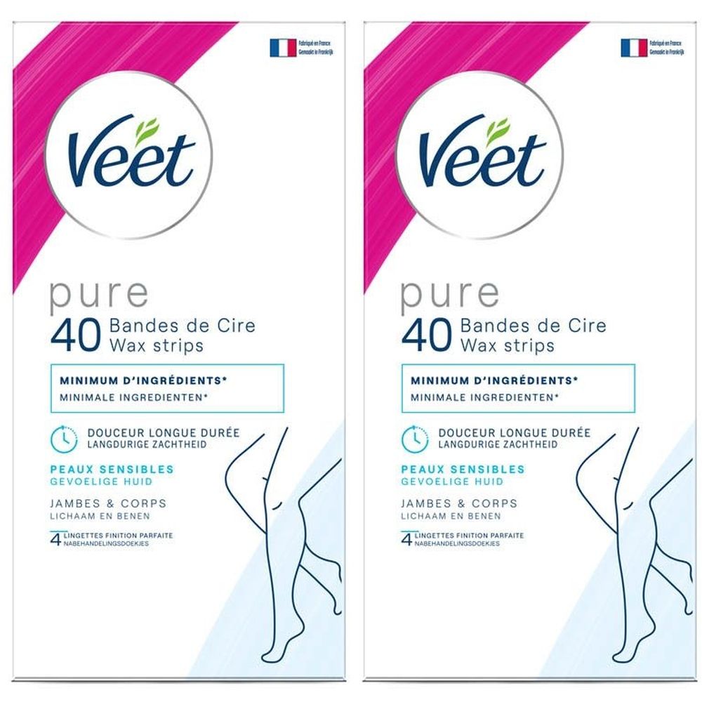 Twee verpakkingen Veet Pure Bandes de Cire. Opschrift: 40 wax strips, gevoelige huid, benen & lichaam.