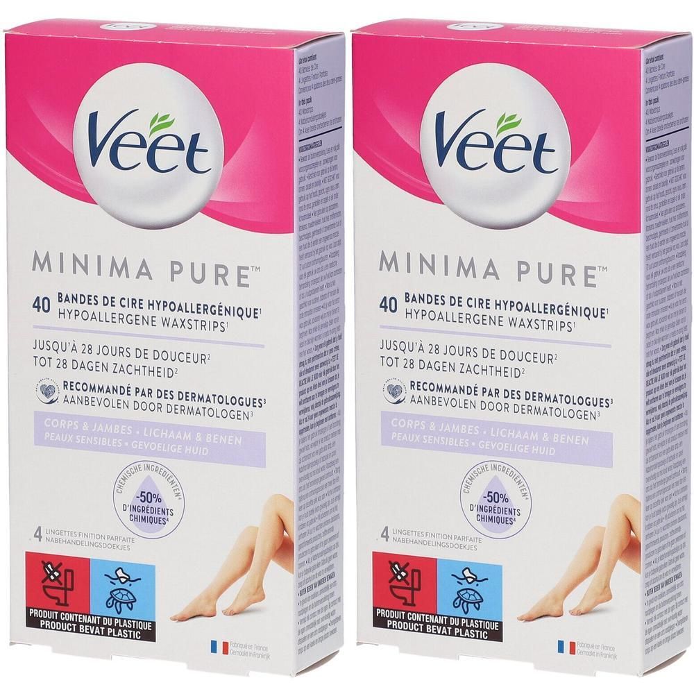 Twee verpakkingen Veet MINIMA Pure waxstrips. Roze-witte verpakking met productnaam en info. Illustratie van benen.