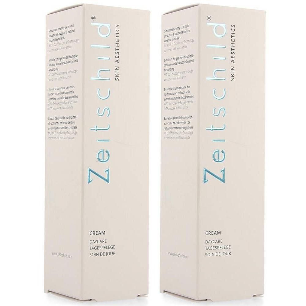 Deux boîtes rectangulaires avec le logo "Zeitschild Skin Aesthetics". Texte: "Cream Daycare Soin de Jour".