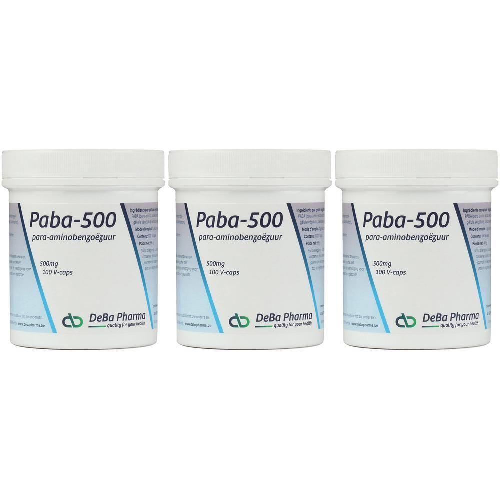 Drie witte potten met opschrift Paba-500, para-aminobenzoëzuur, 500mg, 100 V-caps. DeBa Pharma logo.