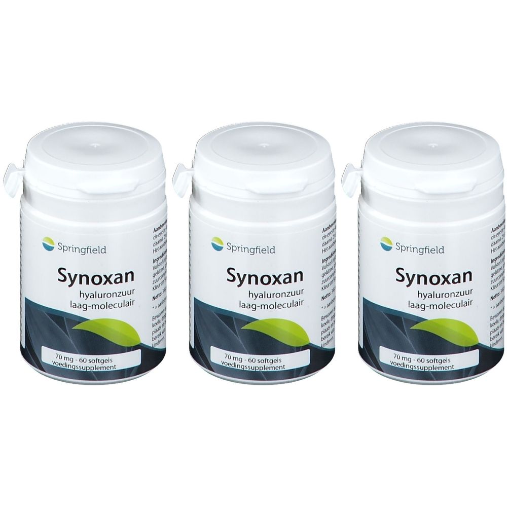 Drie witte potten met deksels. Opschrift: Springfield Synoxan hyaluronzuur laag-moleculair. 70 mg - 60 softgels.