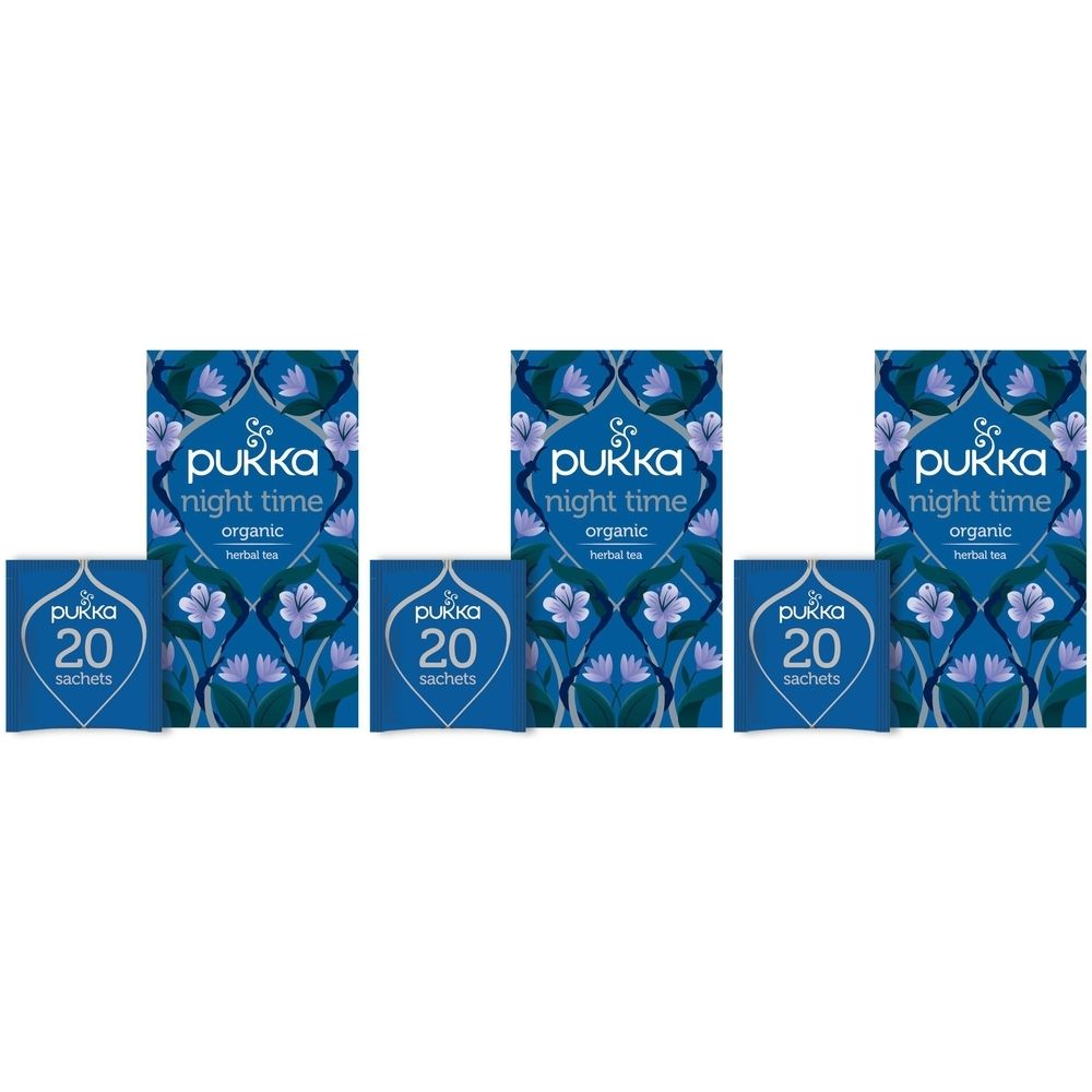 Trois boîtes de sachets de thé. Chaque boîte porte la mention "Pukka night time organic". Chaque boîte contient 20 sachets.