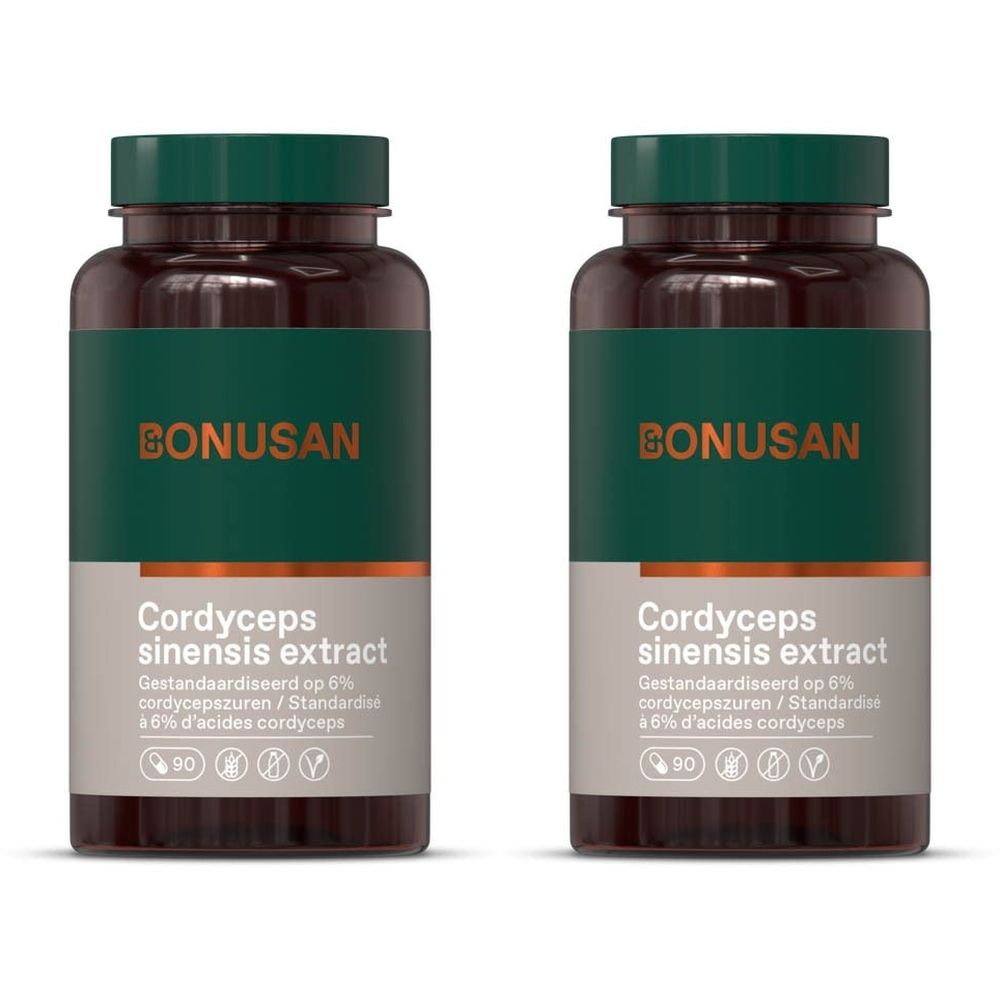 Deux flacons Bonusan Cordyceps sinensis Extract. Bouteilles marron, étiquettes et couvercles verts.