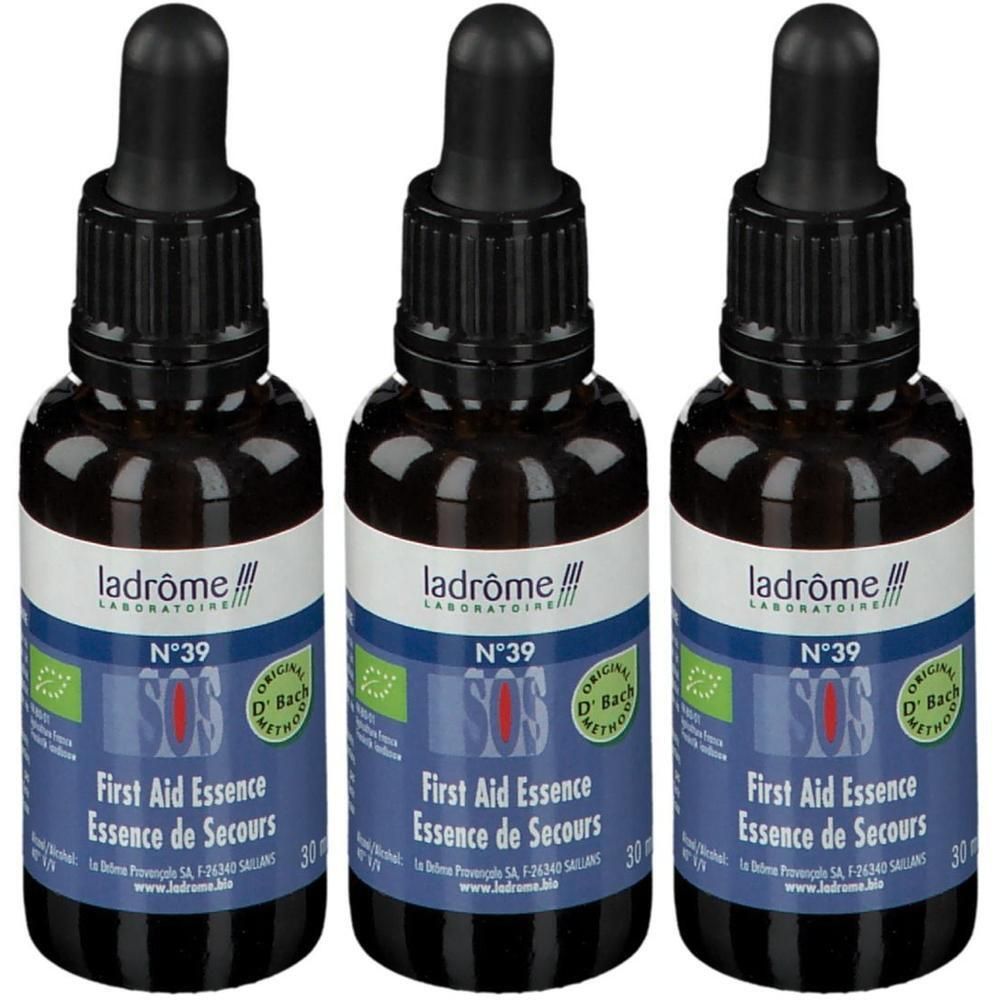 Drie flesjes met druppelaar. Blauwe etiketten met tekst: "ladrôme Laboratoire", "SOS", "First Aid Essence". Bio-certificering.