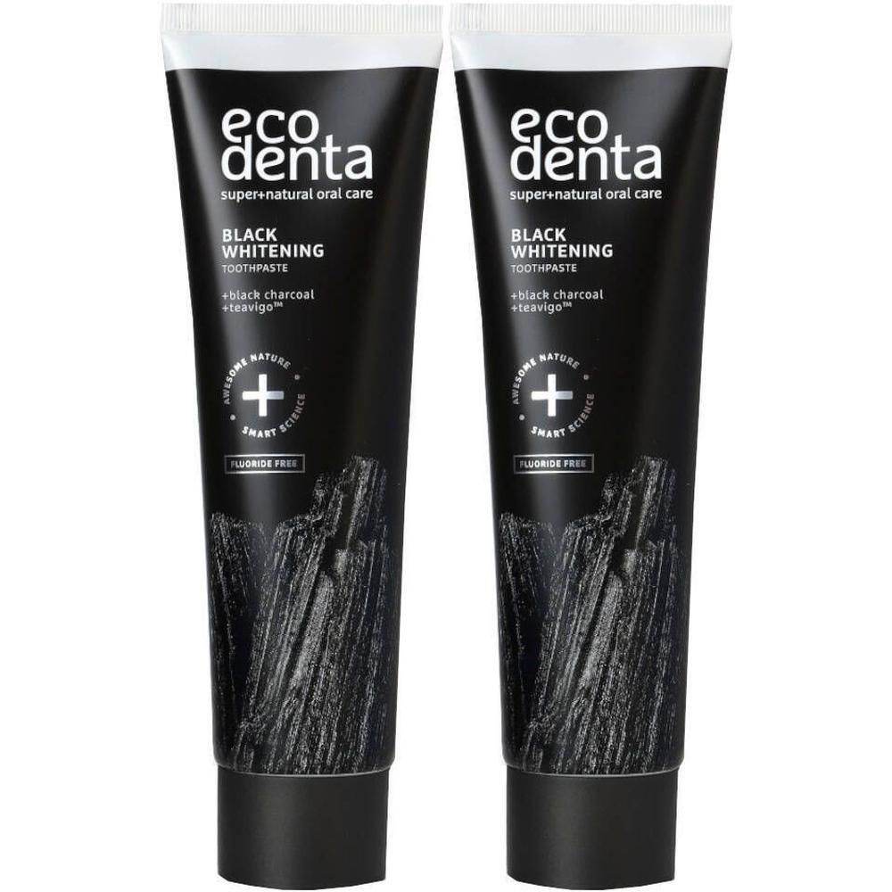 Deux tubes de dentifrice noir avec texte blanc. Inscription : Ecodenta Black Whitening, plus logo et texte.
