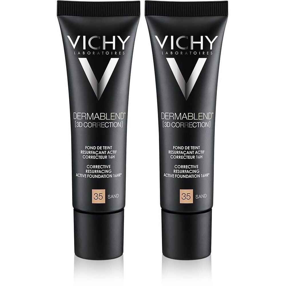 Twee tubes Vichy Dermablend 3D Correction. Zwarte tubes met witte tekst. Opschrift: 35 Sand. Productnaam en merk duidelijk zichtbaar.