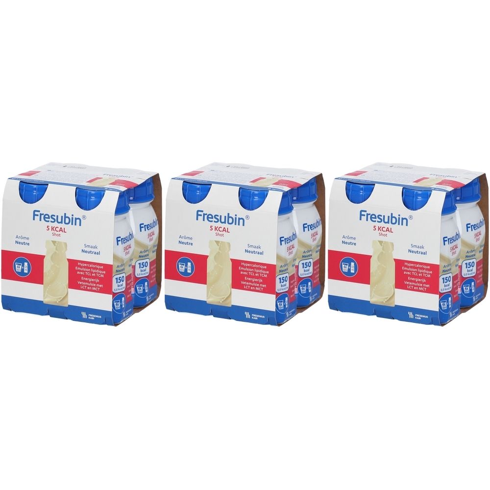 Drie verpakkingen Fresubin 5 kcal Shot Neutre. Elke verpakking bevat flesjes met blauwe doppen. Opschriften: Fresubin, 5 kcal.