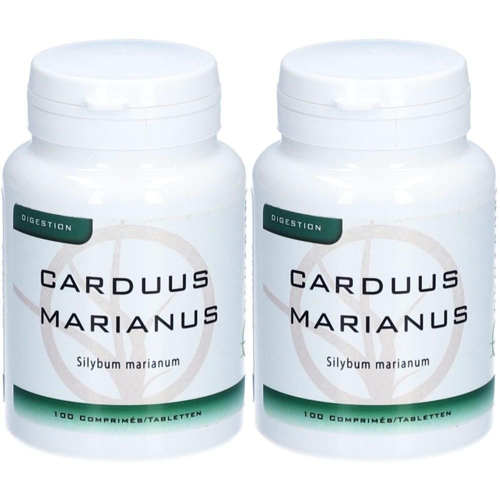 Twee witte flessen met "Carduus Marianus" tabletten. Groene etiketten met tekst. "100 comprimés/Tabletten".