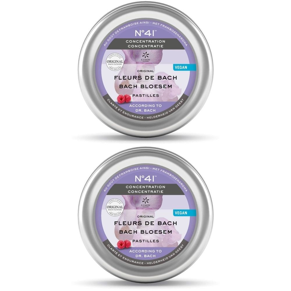 Deux boîtes rondes en métal. Inscription : N°41 Concentration, Fleurs de Bach, Bach Bloesem, Pastilles. Label végan.