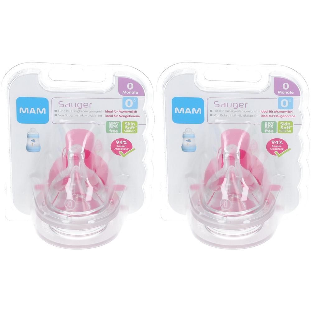 Twee MAM-spenen in blisterverpakking. Roze siliconen, maat 0. Met Easy-Cuff-functie en 94% acceptatie.