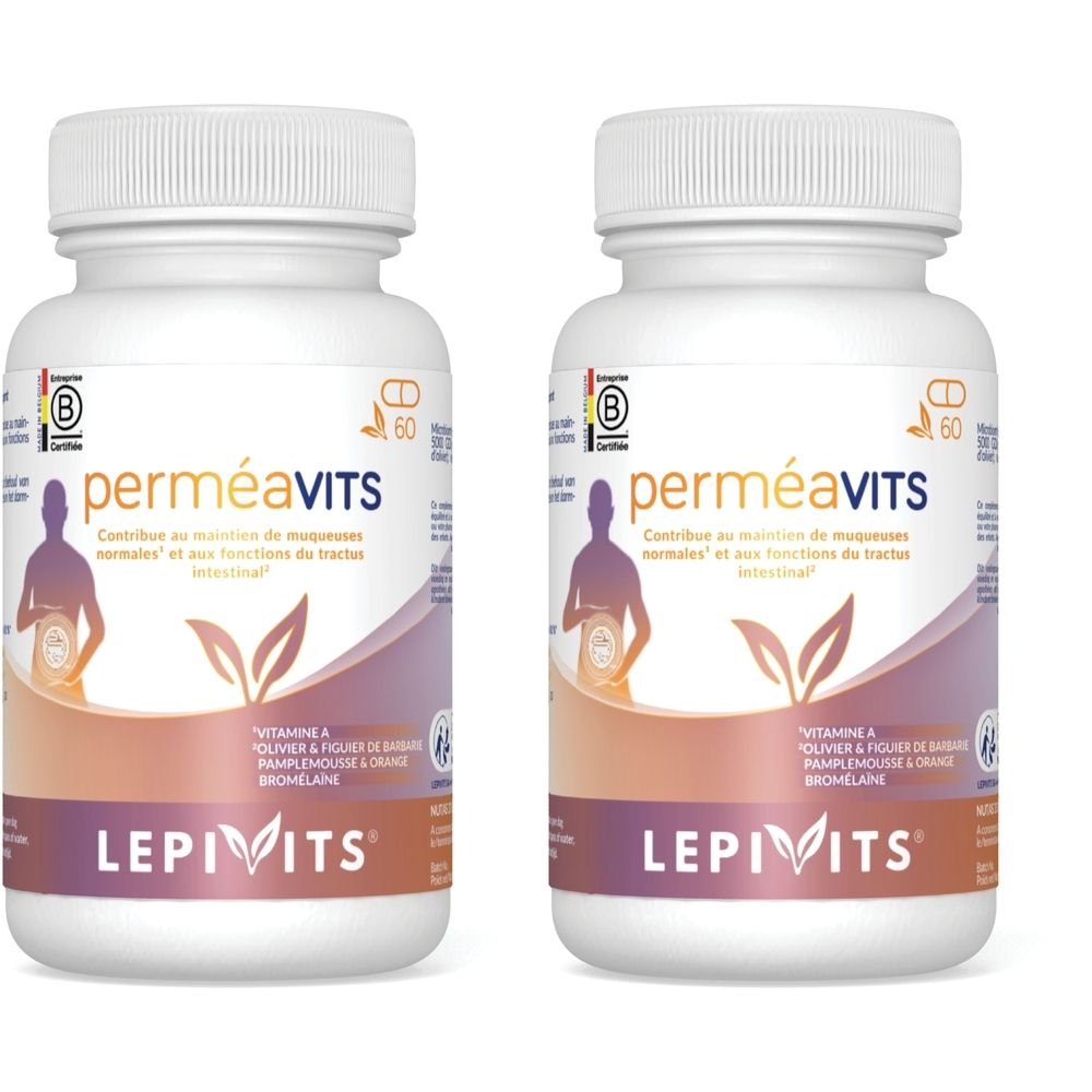 Deux flacons blancs de compléments alimentaires. Inscriptions : perméavits, LEPIVITS. Logo de certification. Contient 60 gélules.