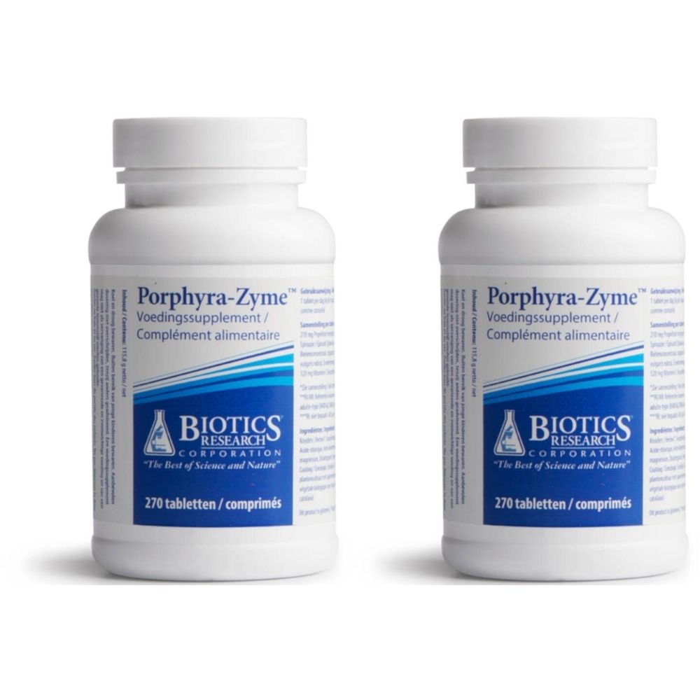 Twee witte flessen Porphyra-Zyme. Opschrift: Biotics Research Corporation. Bevat 270 tabletten.