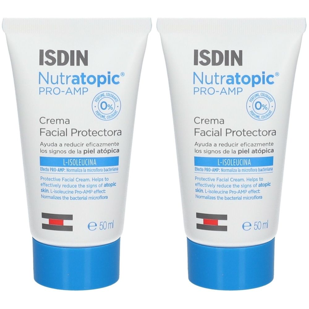 Deux tubes de crème ISDIN Nutratopic Pro-AMP. Tubes blancs avec bouchons bleus. Texte : Crema Facial Protectora, L-Isoleucina.