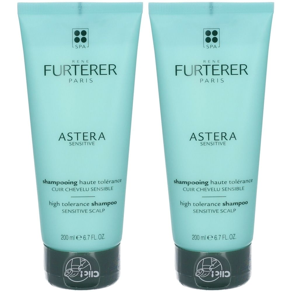Deux flacons de shampooing bleu clair. Inscription: René Furterer Paris, Astera Sensitive. Texte: Shampooing haute tolérance, cuir chevelu sensible.